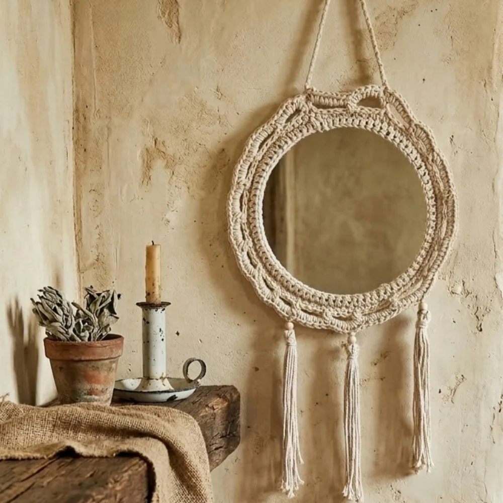 Handmade Macramé Round Wall Mirror - Cream